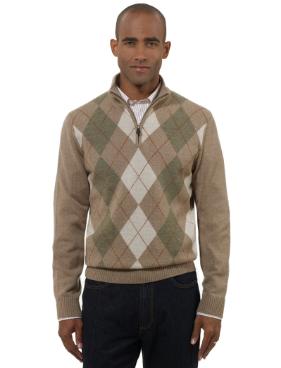 Extrafine Italian merino. Classic half-zip body with genuine leather pull. Updated argyle pattern. Contrast tipping at interior neck. Fully fashioned. Dry clean. Imported.