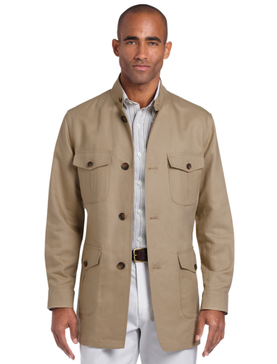 Linen and cotton blend shell fabric. Pure Irish linen lining. Button-up center front. Action back for easy movement. Dry clean. Imported.