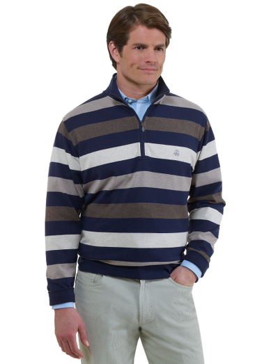 Pure cotton in a traditional rugby fit. Half zip body with leather zipper pull. Machine wash. Imported.