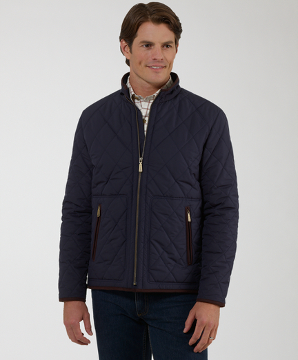 Short quilted bomber style in polyester. Fleece lined and faux suede details. Zip front with interior zipper. Dry clean. Imported.
