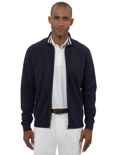 Pure cotton. Finished with a signature performance treatment to enhance shape retention and resistance to shrinking, fading and piling. Signature Country Club patch on rear yoke. Full zip body with Country club logo zipper pull and raglan sleeves. Machine wash. Imported.