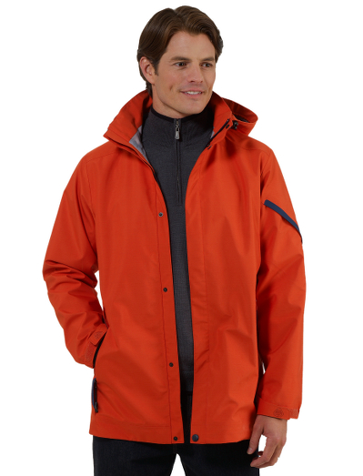 Three layer polyester. Mechanical stretch and ergonomic seaming for added movement. Fabric wicks moisture away from body while being waterproof. Removeable hood, taped seams, storm cuffs and waterproof zippers. Unlined. Machine wash. Imported.