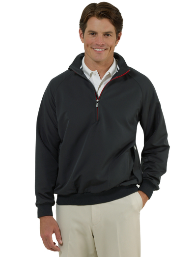 Soft shell polyester. 1/2 zip body with ribbed cuffs and sweep with stripe for subtle styling. Contrast zippers. Machine wash. Imported.