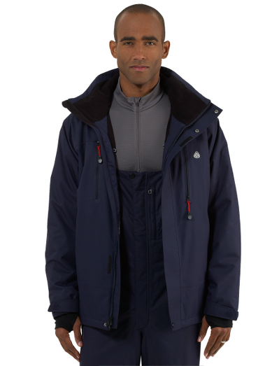 Two layer polyester. Mechanical stretch and ergonomic seaming for added movement. Fabric wicks moisture away from body while being waterproof. Removeable hood, taped seams, storm cuffs and waterproof zippers. Powder skirt on interior jacket to keep snow out after a fall. Functional pocket details and contrast color zipper pulls. Mesh lined. Google chanois included. Machine wash. Imported.