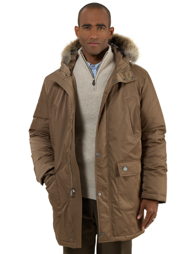 Pure goose down. Removable coyote hood. Powder skirt on interior jacket to keep snow out after a fall. 2-way zipper. Machine wash with fur removed. Imported.