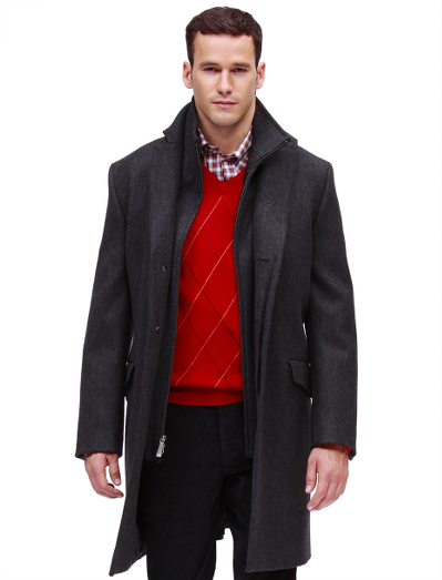 Pure wool in a modern topcoat style with a refined polished look. Zip-out interior vest. Dry clean. Imported.