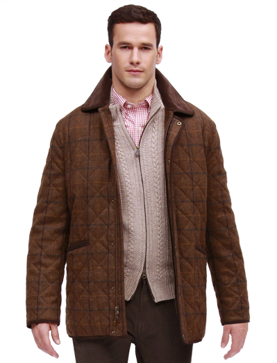 Modern silhouette in classic English wool. Fabric woven in England, at the distinguished Abraham Moon mill. Snap front and zip closure. Quilted with slight fill. Corduroy collar and faux suede details. Dry clean. Imported.