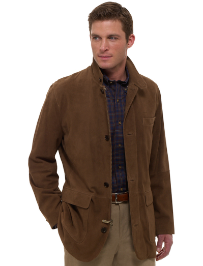 Made of silky goat suede. 100% Bemberg lining. Zip and button front. Stand-up collar. Professional leather clean only. Imported.
