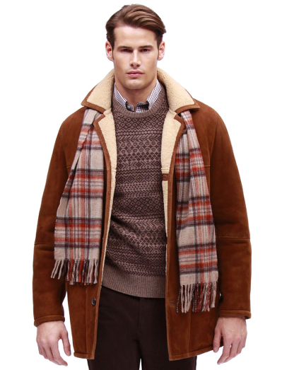 Suede shearling face with curly shearling interior. 3/4 length. Button-front and lay down collar. Genuine horn buttons. Professional leather clean only. Imported.