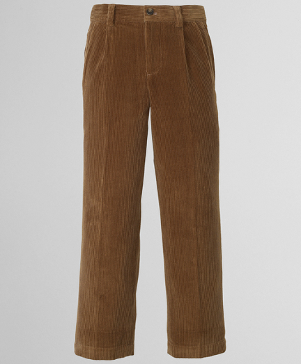 Pleat front.  On seam pockets.  Hidden snap button and adjustable waist in sizes 4-6. Unfinished bottoms on husky sizes. Machine wash. Imported.