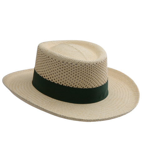 Straw golf hat with perforated holes in the top part of the crown. 3" brim with green band. Dri Lexpolyester sweatband to wick away moisture from the skin. Imported.