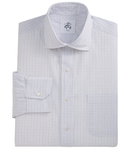 Pure 140's 2-ply cotton. Spread collar. Mitered cuffs.  Side gussets. Mother-of-pearl buttons. Locker loop at back neck. Machine wash. Made in the USA.