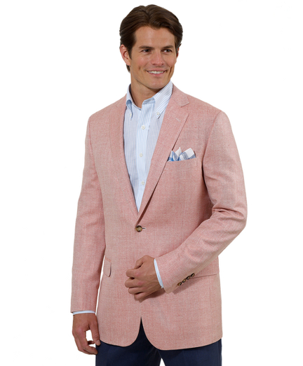 Silk, linen and cotton blend woven in Italy. Two-button, center vent. Three-eighths lined with stripe lining. Half-canvas construction with non-functional sleeve buttons. Dry clean. Imported.
