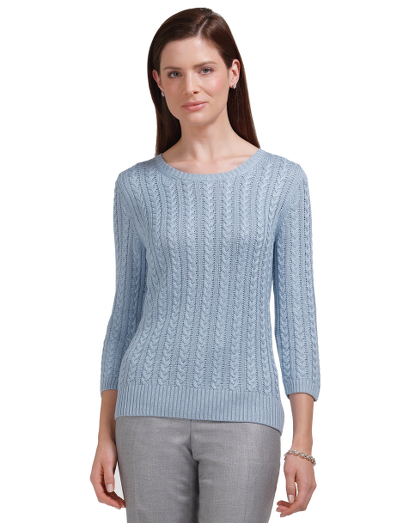 Spun silk. Crewneck. All-over cable. Ribbing at neck, cuff and hem. Dry clean. Imported.