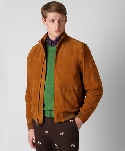 Pure silky goat suede. Zip-front with ribbed waistband and cuff. Stand collar. Body lined in a fun cotton plaid. Sleeves lined in 100% Bemberg. Professional leather clean. Imported.