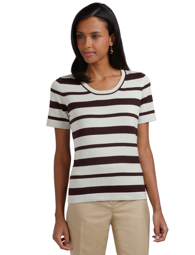 Silk/cotton. Scoopneck. Alternate stripe. Hand wash or dry clean. Imported.