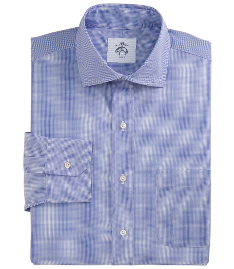 140's 2-ply cotton.  Button-down collar. Mitered cuffs.  Side gussets. Mother-of-pearl buttons. Locker loop at back neck. Machine wash. Made in the USA.