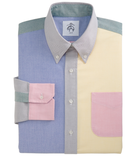 Pure cotton oxford.  Button-down collar. Mitered cuffs.  Side gussets. Mother-of-pearl buttons. Locker loop at back neck. Machine wash. Made in the USA.