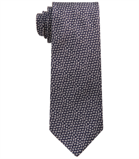 Pure silk woven in England. Fabric is treated to repel liquids and stains. 3 1/2" width. Dry clean.Made in the USA.