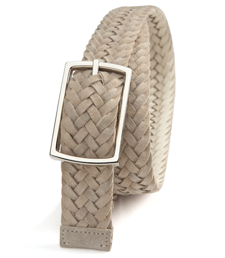 Reversible cotton and suede braided belt. Silver-toned buckle. 1 1/2" thick. Made in italy