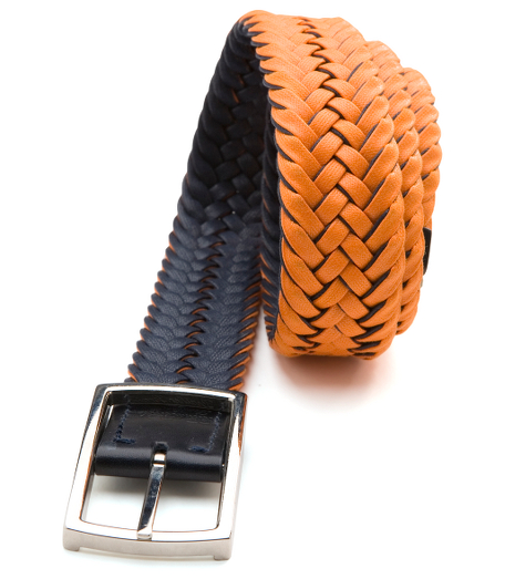 Reversible cotton and leather braided belt. Silver-toned buckle. 1 1/2" thick.made in italy