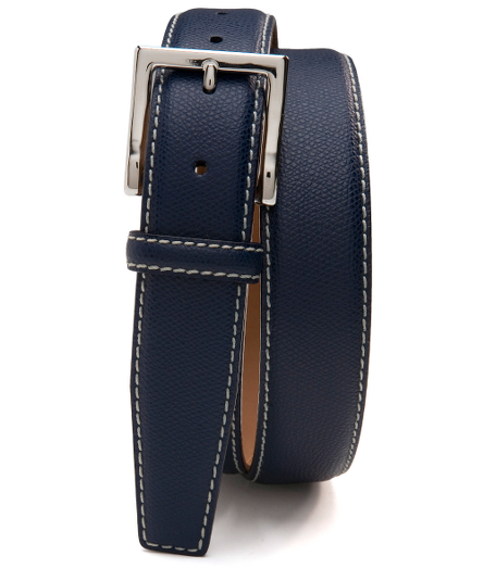 Pebble grain leather with contrast stitching. Silver-toned buckle. 1 1/4" thick. Imported.