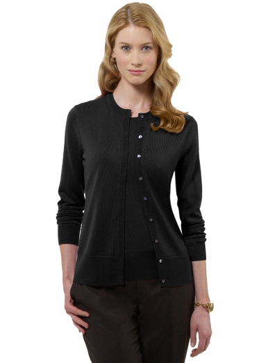 Extra fine Italian merino wool. Rib trim. Mother-of-pearl buttons. Grosgrain trim on inside of front placket. Crewneck. Dry clean. Imported.