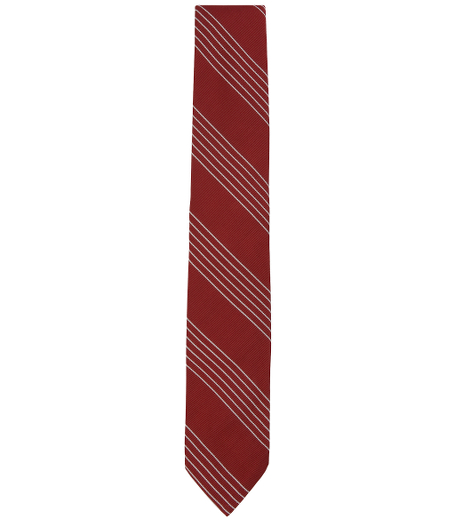 Silk and cotton from Italy. 2 1/4" width. Grosgrain trim at neck. Made in the USA.