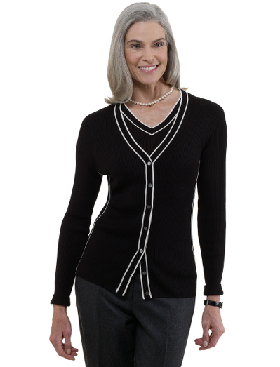 Spun silk. V-neck sweater with all-over ribbing. Tipping at neck and down front and down front placket. Mother-of-pearl buttons.  Dry clean. Imported.