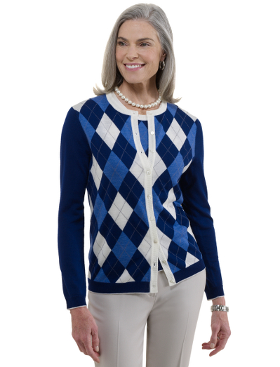 Extrafine Italian merino wool. Placed argyle. Contrast trim on placket, neck, hem and cuffs. Crewneck. Mother-of-pearl buttons. Dry clean. Imported.