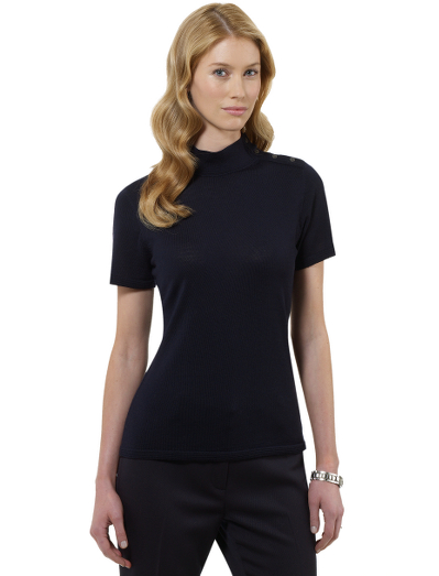 Extrafine Italian merino wool. Mock collar. Mother-of-pearl buttons. Ottoman stitch trims. Four functional buttons on left shoulder. Dry clean. Imported.