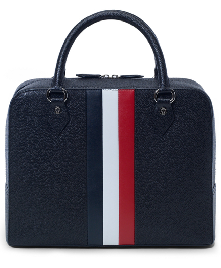 Genuine pebble leather bag has red, white and navy stripes. 10" x13" x 4.5". Imported.