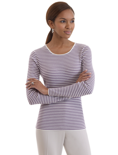 Extrafine Italian merino wool. Jewel neck. All-over ribbing. Dry clean. Imported.