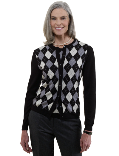 Extrafine Italian merino wool crewneck with rib trim on neck, cuffs and hem. Mother-of-pearl buttons. Placed argyle. Dry clean. Imported.