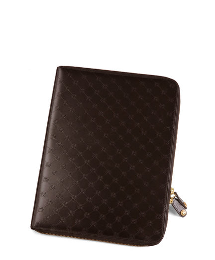 Genuine calfskin leather with Golden Fleece embossed jacquard. Tone-on-tone stitching. 9 1/2" x 12 1/2". Made in Italy.