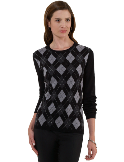 Extrafine Italian merino wool crewneck with rib trims. Placed argyle. Dry clean. Imported.