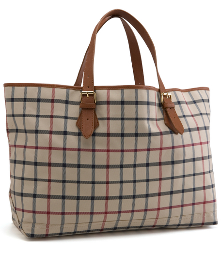 Adjustable straps with zipper closure and brass hardware. Interior pockets. Polyester with leather trim. 24" x 12" x 10". Imported.