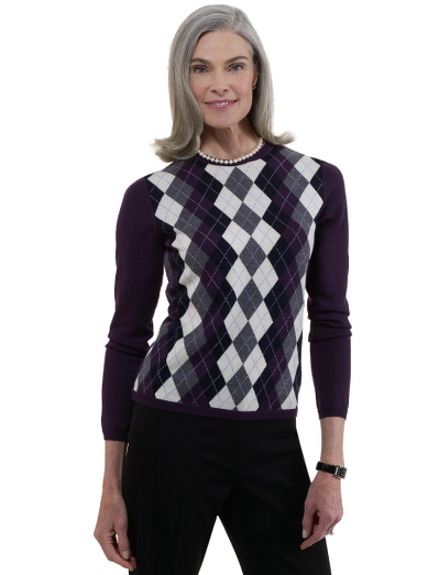 Extrafine Italian merino wool. Crewneck with placed argyle. Rib trims. Dry clean. Imported.