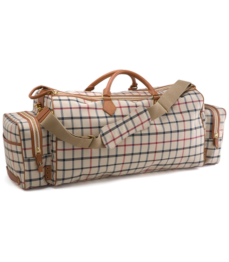 Double handle and detachable shoulder strap. Brass hardware. Polyester with leather trim. 31" x 12 1/2" x 4". Imported.