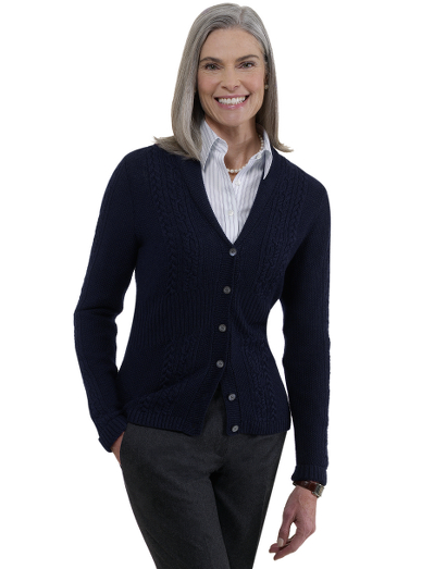 Merino/silk/cashmere. Shawl collar. Rib trim at hem, cuffs and waistline. Mother-of-pearl buttons. Dry clean. Imported.
