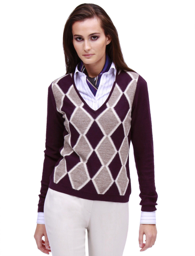 Baby alpca. V-neck sweater with placed  argyle. Reversed stitching.  Rib trim on hem and cuffs.  Dry Clean.  Imported.