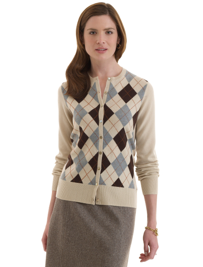 Cashmere. Rib trim at neck, hem and cuffs. Mother-of-pearl buttons with BB script logo. Crewneck. Grosgrain trim on inside front placket. Placed argyle. Dry clean. Imported.
