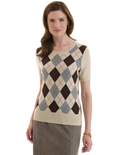 Cashmere crewneck. Rib trim at neck, hem and cuffs.  Placed argyle. Dry clean. Imported.