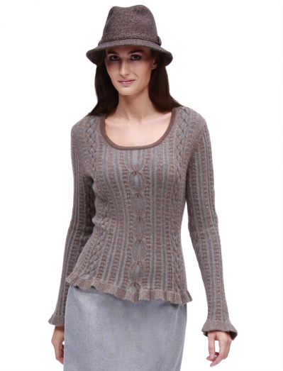Cashmere. Ruffles at hem and cuff. Scoop neck. Variegated cable/rib stitch.  Dry clean. Imported.