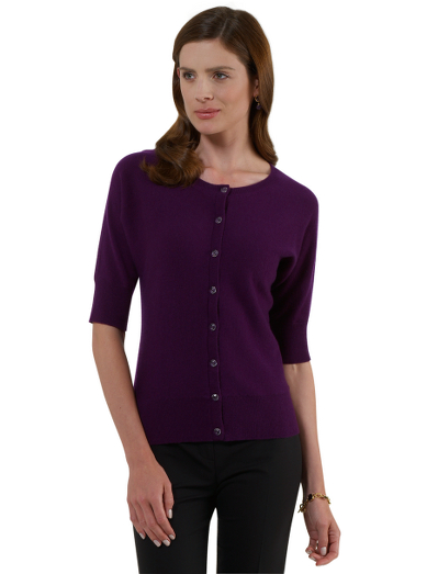 Cashmere. Elbow sleeve length. Dolman sleeve shape. Crewneck. Rib trim at neck, cuff and hem. Swarvoski crystal buttons. Grosgrain trim on inside of front placket. Dry clean. Imported.