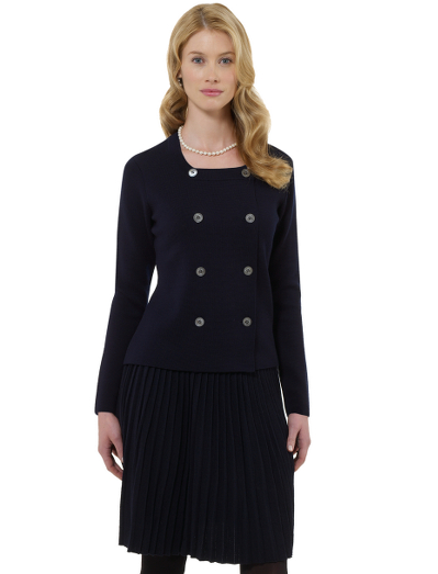Extrafine Italian merino wool. U-neck. Mother-of-pearl buttons on front placket and cuffs. Dry clean. Imported.