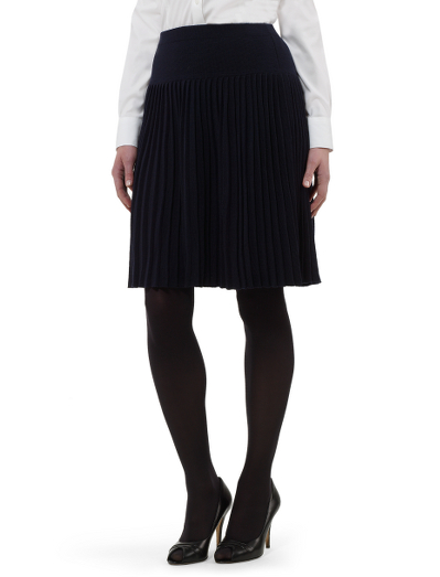 Extrafine Italian merino wool.  Pleated skirt. Dry clean.  Imported.