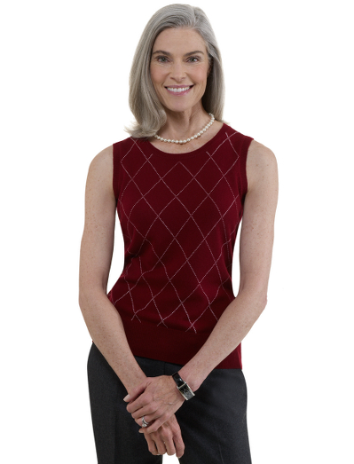 Cashmere crewneck with rib trim at neck, hem and armholes.  Placed argyle. Dry clean. Imported.