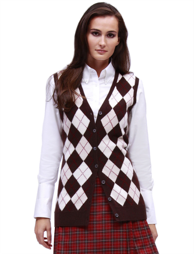 Cashmere v-neck with rib trim at hem and armholes.  Placed argyle. Mother-of-pearl buttons with Country Club logo. Dry clean. Imported.