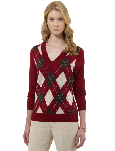 Merino/silk/cashmere. V-neck. Rib trim  at hem, cuffs and neck. Placed argyle. Dry clean. Imported.